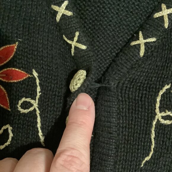 Vintage Bobbie Brooks Black Knit Vest Poinsettia Beaded Button Down Womens L - Picture 3 of 10